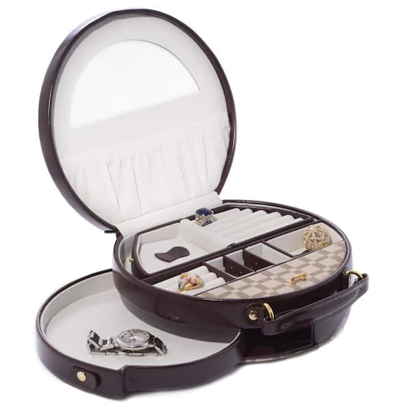 BEY-BERK 2-Tone Brown Leather and Cloth Material Round Jewelry Box