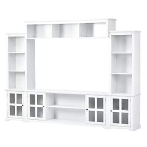 Modern White TV Stand Fits TV's up to 70 in. with Bridge, Tempered Glass Door