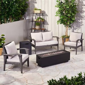 Kahala Grey 5-Piece Faux Rattan Patio Fire Pit Seating Set with Light Grey Cushions