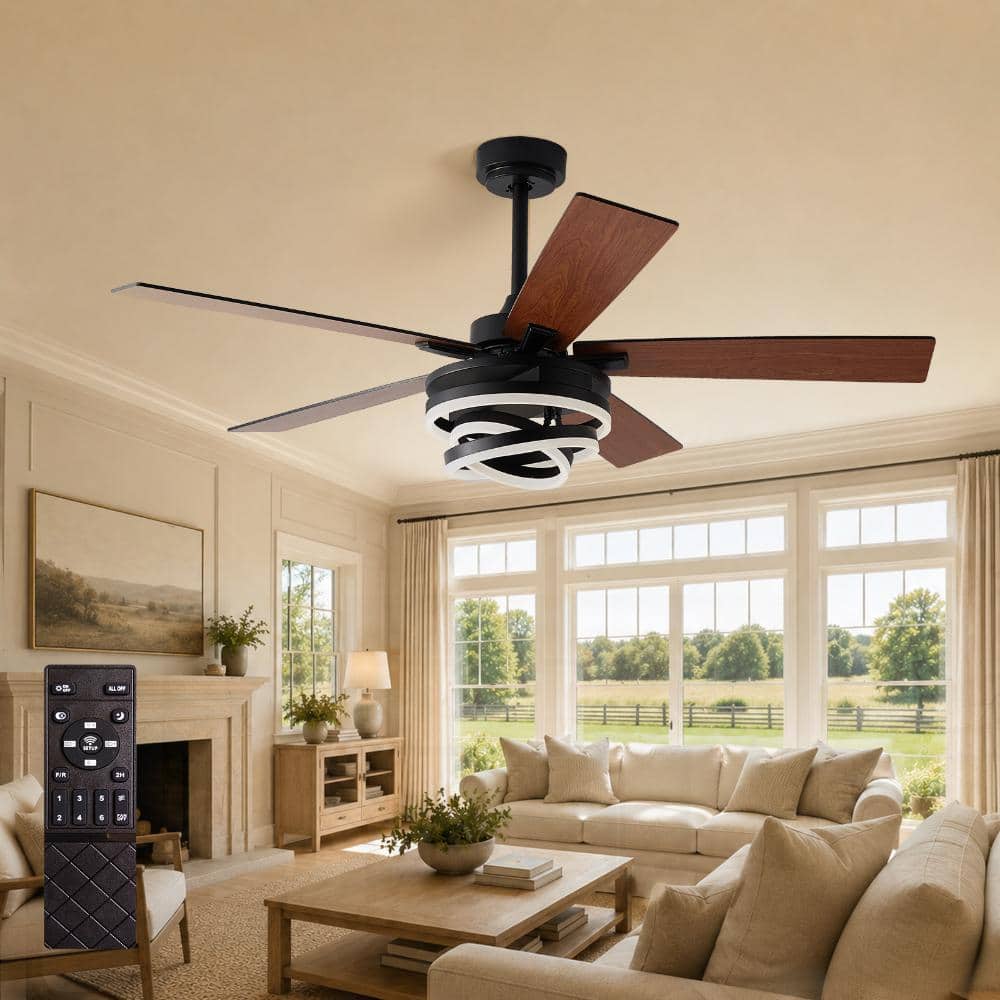 52 in. Black Housing Walnut/Black 5-Blade Downrod Mounted Fandelier Ceiling Fan with Spiral LED Light and Remote price history on PriceWatchPro