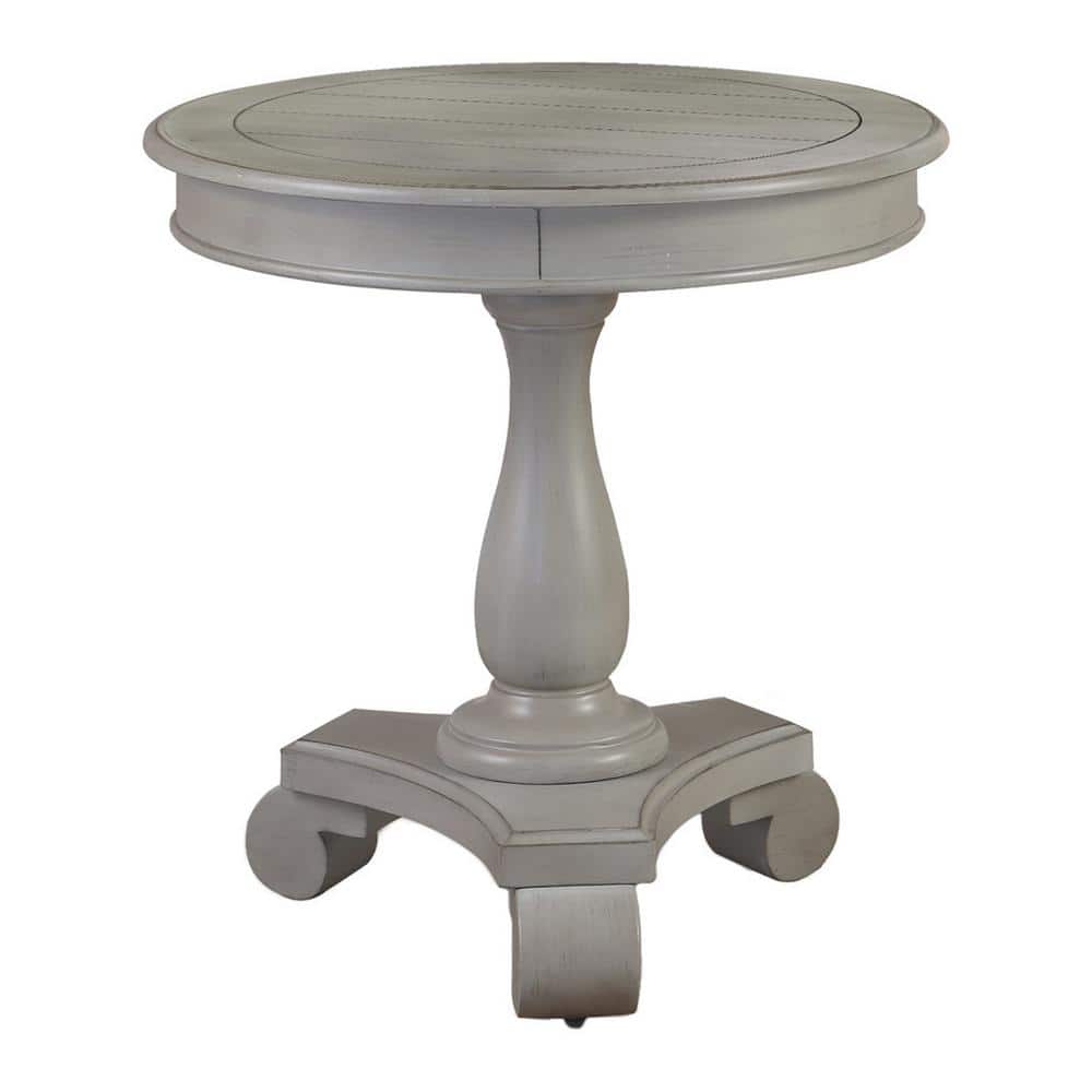 Antique Gray Round Wood Pedestal End Table