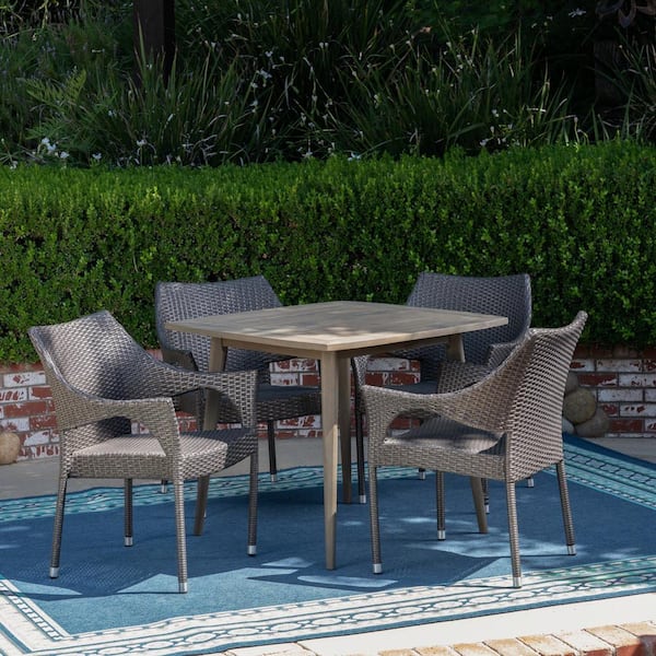 Noble House San Blas Gray 5-Piece Wood and Faux Rattan Outdoor Dining ...