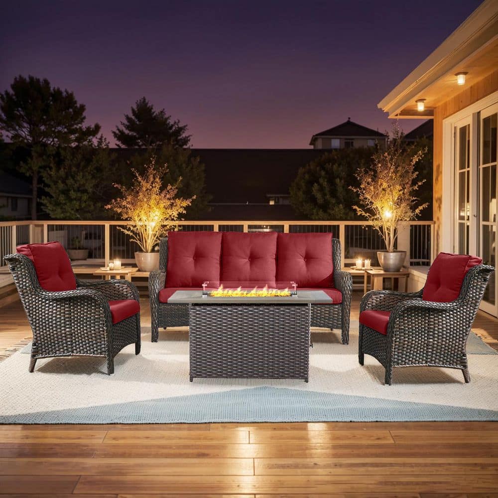 Building Pit Set moosprr Arcline 4-Piece Brown Wicker Fire Pit Conversation Set with ...