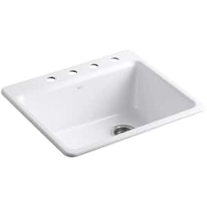 Riverby Drop-In Cast-Iron 25 in. 4-Hole Single Bowl Kitchen Sink Kit with Bowl Rack in White