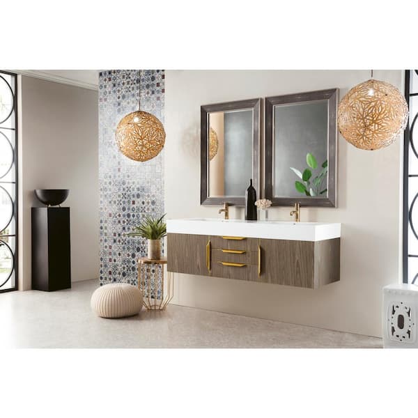 James Martin Vanities Columbia 59.0 in. W x 19.5 in. D x 19.3 in. H Double Bath Vanity in Ash Gray with Glossy White Composite Top