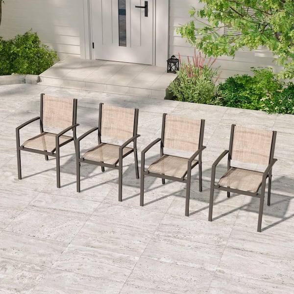 4-Piece Powder-Coated Steel Outdoor Patio Dining Chairs Breathable Textilene Chairs, Weather-Resistant, Taupe