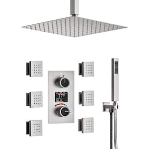 3-Spray 12 in. Ceiling Mount Dual Fixed and Handheld Shower Head 2.5 GPM and LCD Display with Valve in Brushed Nickel