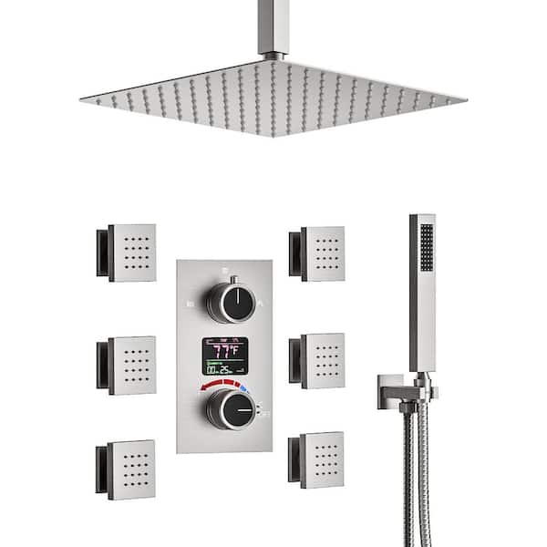 CRANACH 3-Spray 12 in. Ceiling Mount Dual Fixed and Handheld Shower Head and LCD Display with Valve in Brushed Nickel
