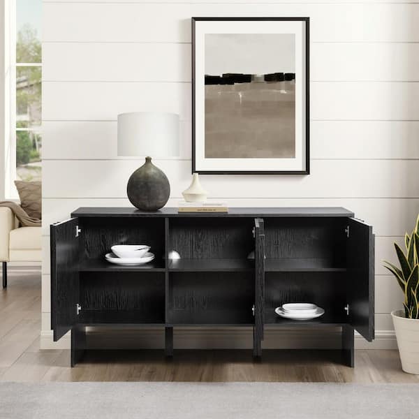 Black Wood Modern 55 in. Vertical Stripe 3-Door Sideboard