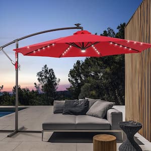 10 ft. Backyard Outdoor Patio Cantilever Umbrella with LED Lights, Round Canopy, Steel Pole and Ribs, Red