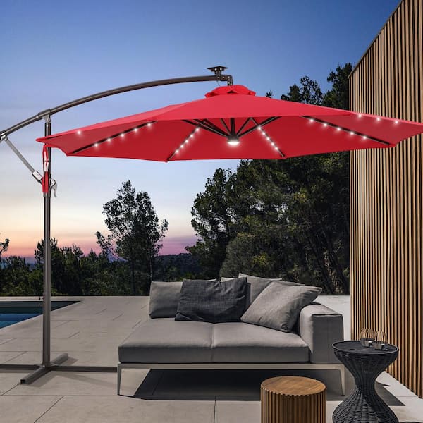 JOYESERY 10 ft. Backyard Outdoor Patio Cantilever Umbrella with LED Lights, Round Canopy, Steel Pole and Ribs, Red