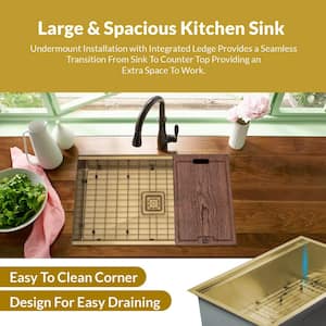 Undermount Workstation 32 in. Gold Stainless Steel Single Bowl Sink With Center Square Drain And Accessories