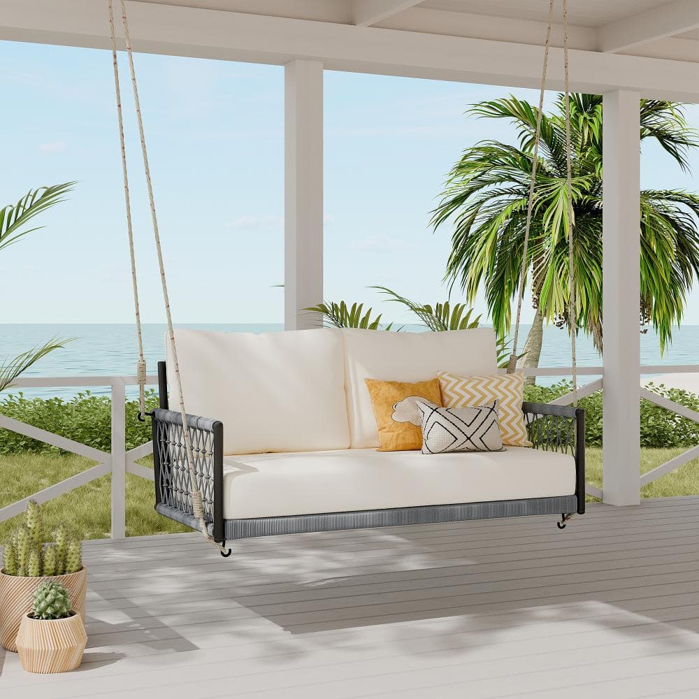 Black Frame Woven Rope Seating 2 Porch Swing with Beige Cushions price history on PriceWatchPro