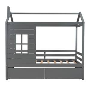 Twin Size Gray Wood House Canopy Bed with Drawers and Roof, Kids House Daybed Frame with Fence