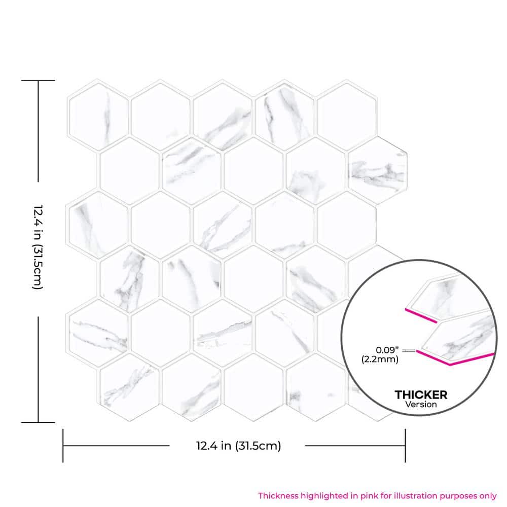 Thicker Hexagon White Marble Peel and Stick PVC Wall Tile