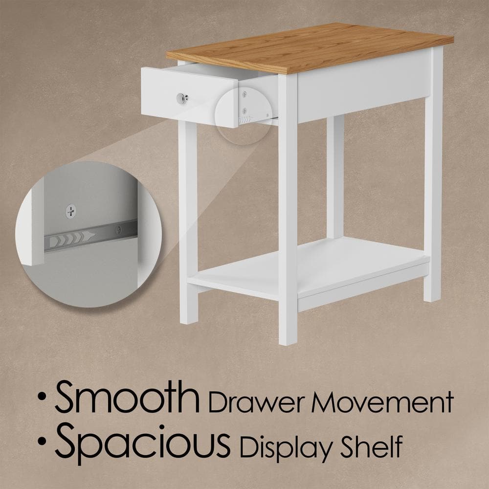 White and Oak Slim Rectangular End Table with Storage