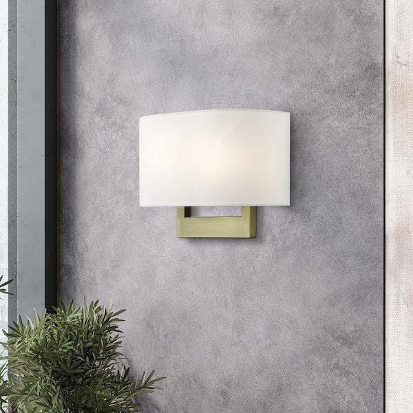 LAYTON 2 Light Antique Brass Wall Sconce with Off White Shade
