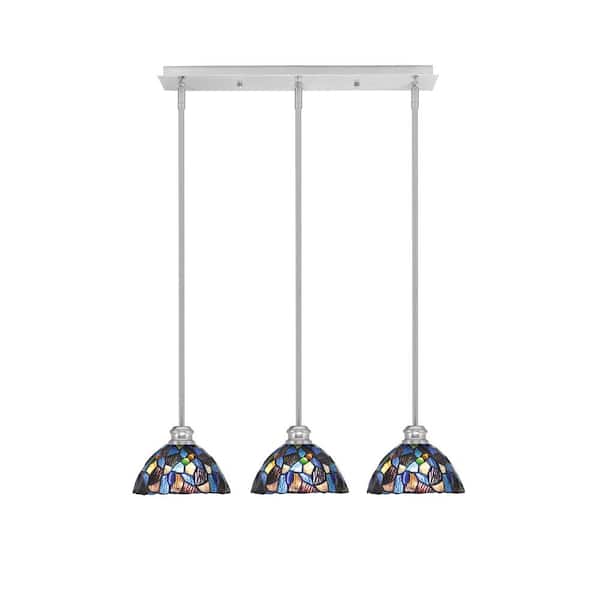 Unbranded Albany 60-Watt 3-Light Brushed Nickel Linear Pendant Light with Blue Mosaic Art Glass Shades and No Bulbs Included