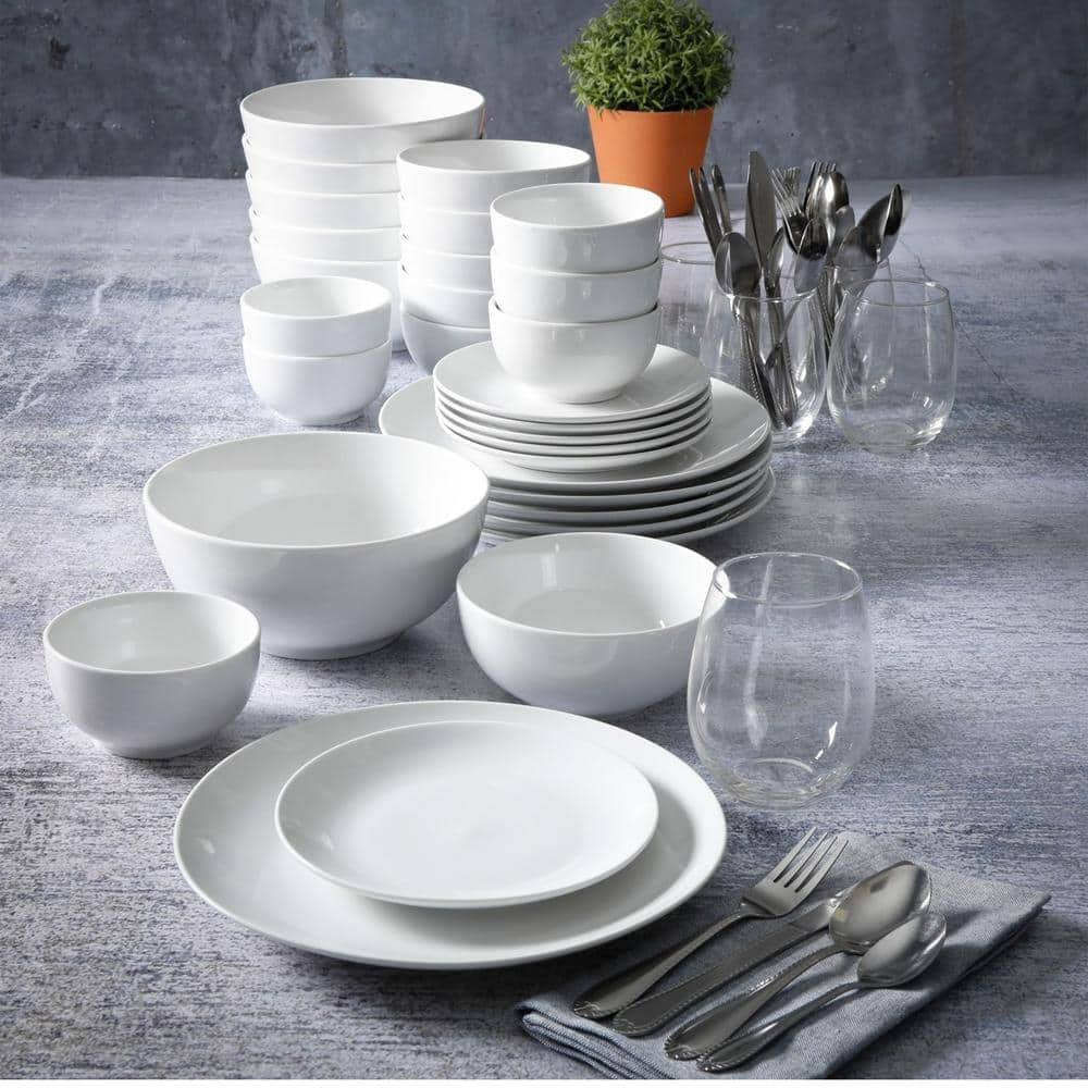 All U Need 60-Piece White Ceramic Dinnerware Set with Silver Flatware
