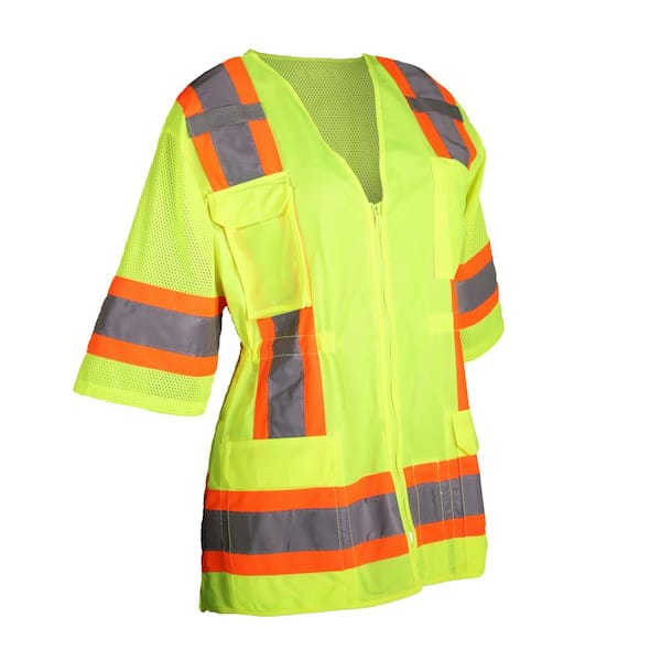 PIP Women's Large Hi Vis Yellow 2-Tone ANSI Type R Class 3 Contoured Surveyor's Safety Vest with Mesh Back and (11-Pockets)