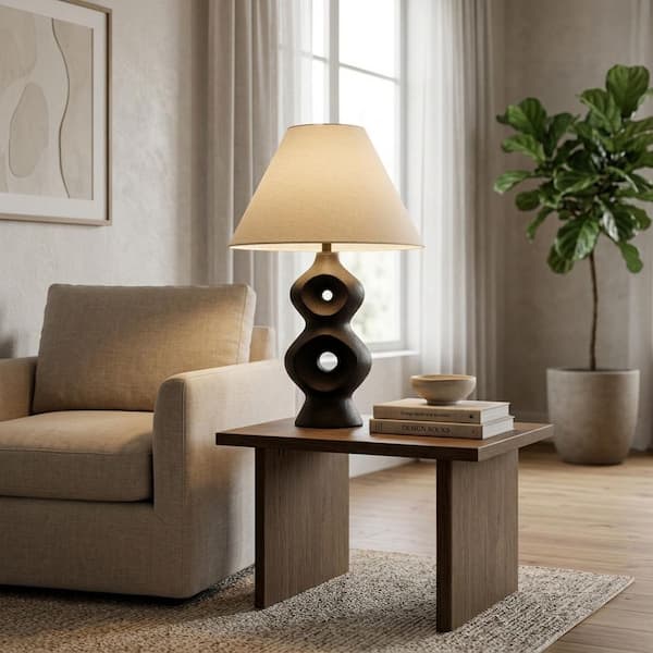 28 in. Black/Tan Ceramic Modern Open Cut-Out Table Lamp