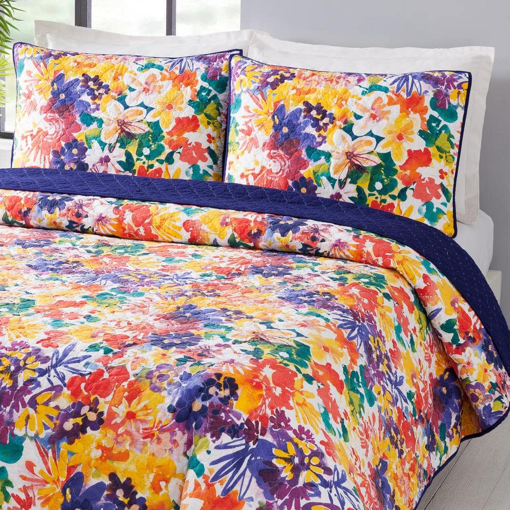 Vibrant Floral Cotton Twin Quilt Set in Purple and Yellow