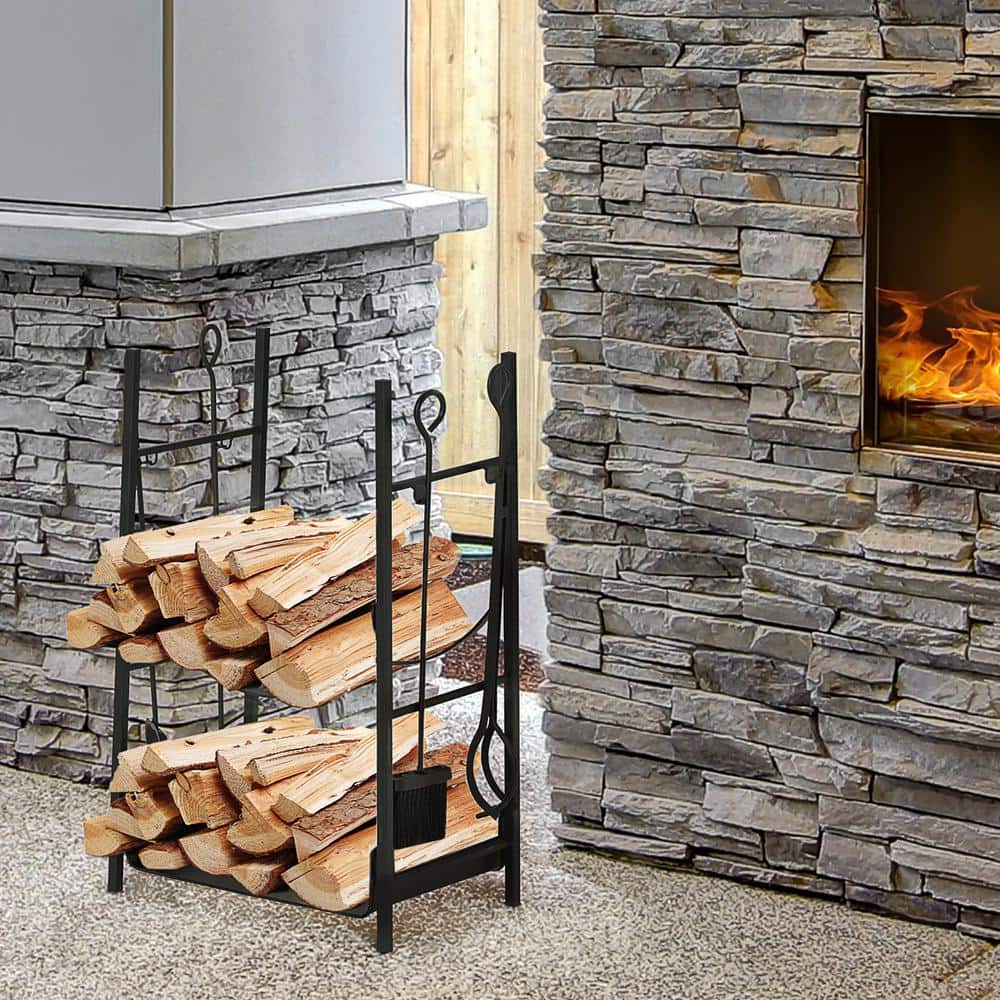Black Powder-Coated Steel 2-Tier Firewood Storage Rack with Tools