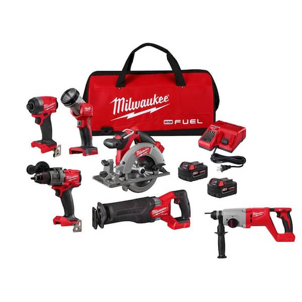 M18 FUEL 18V Lith-Ion Brushless Cordless Combo Kit (5-Tool) w/ Two 5.0 Ah Batteries, 1 Charger and Rotary Hammer