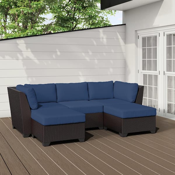 TK CLASSICS Barbados 5-Piece Outdoor Wicker Patio Conversation Furniture Set with Navy Cushion
