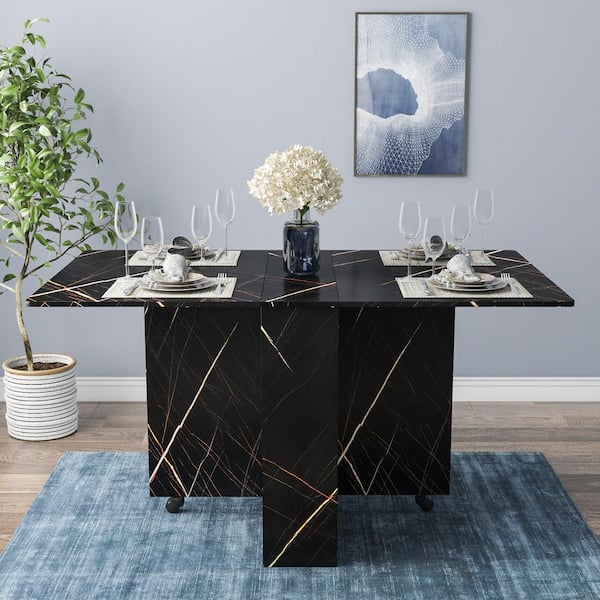 55.1 in. Rectangle Black Marble Wood Folding Dining Table Drop Leaf Table with 2 Tier Racks with Wheels Seats 6