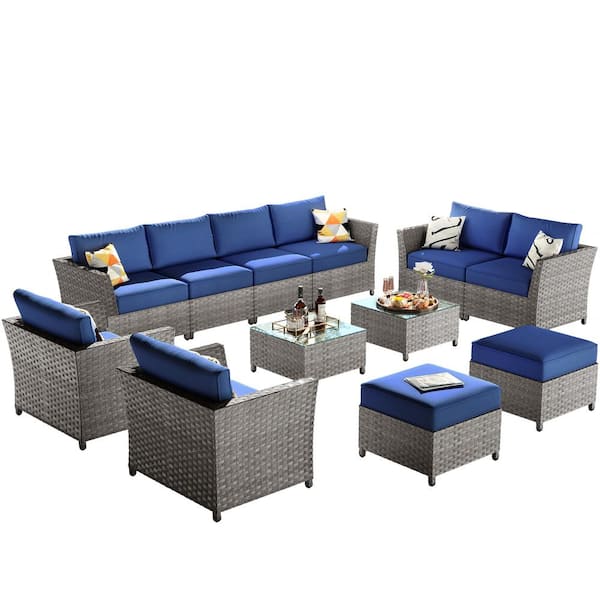 Jasmine 12-Piece Wicker Outdoor Sectional Set with Navy Blue Cushions