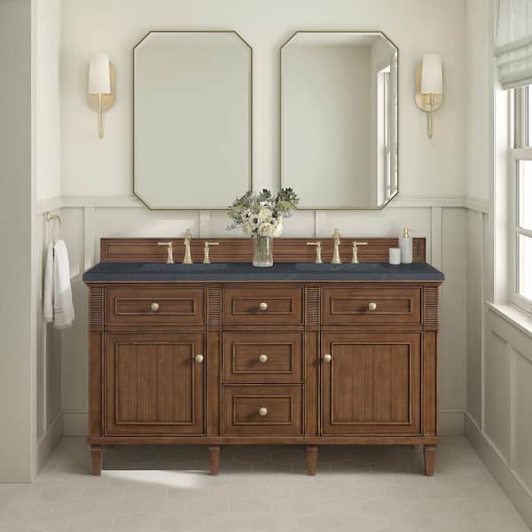 James Martin Vanities Lorelai 60.0 in. W x 23.5 in. D x 34.06 in. H Double Bath Vanity in Mid-Century Walnut and Charcoal Soapstone Quartz Top