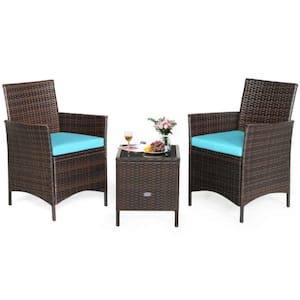 3-Piece Brown Wicker Patio Conversation Set Rattan Furniture Set with Blue Cushions and Glass Tabletop Deck