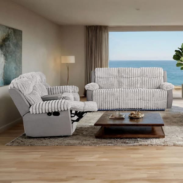 Treiner 2-Piece Gray Fabric Reclining Sofa Set with Storage and USB Charging Port