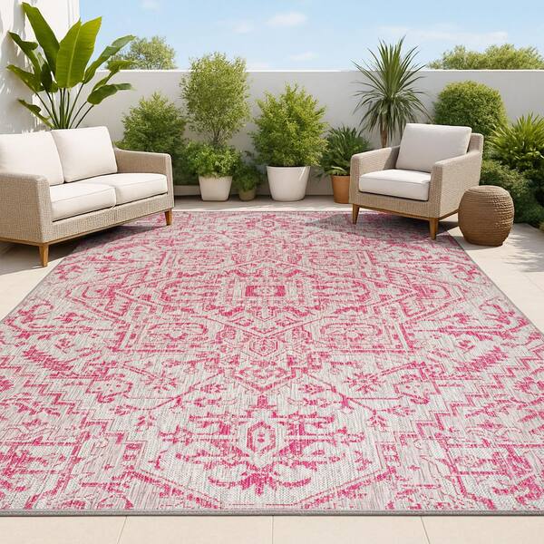 JONATHAN Y Estrella Bohemian Medallion Textured Weave Light Gray/Fuchsia 5 ft. x 8 ft. Indoor/Outdoor Area Rug