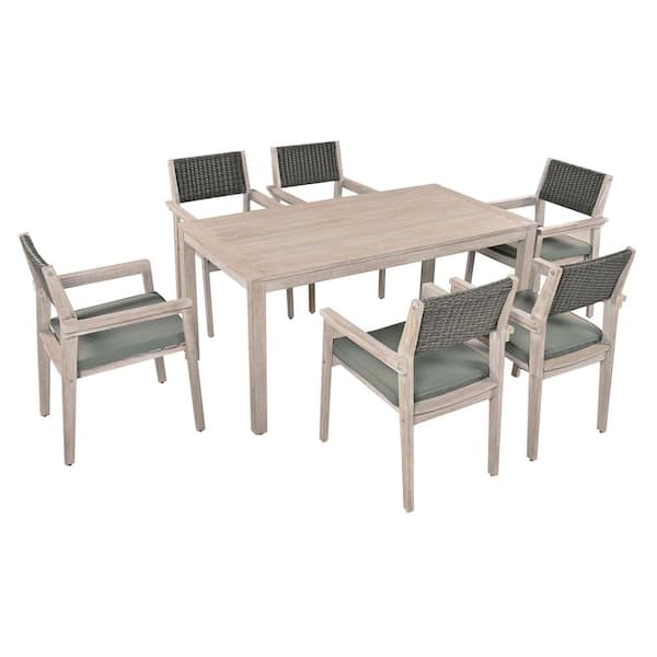 Zeus & Ruta 7-Piece White Washed Wood Outdoor Dining Set with Rattan Backrest and Green Cushions for Patio and Backyard