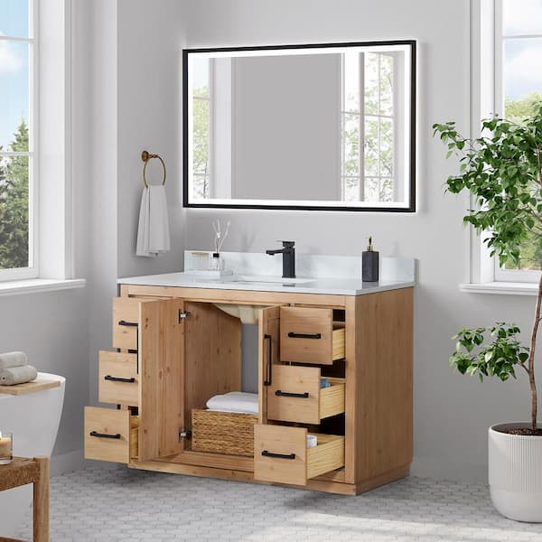Anais 48 in. W x 22 in. D x 33 in. H Single Sink Bath Vanity in Brown with White Engineered Stone Top and Mirror
