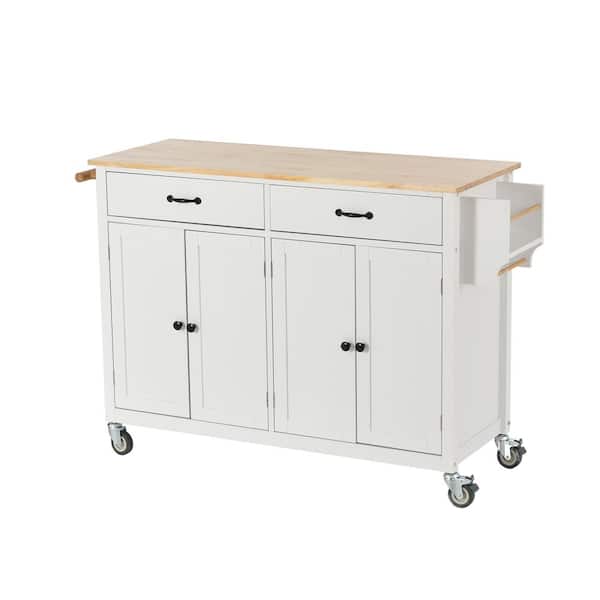 Tatahance White Kitchen Island Cart with Solid Wood Top and 4 Door Cabinet, Two Drawers