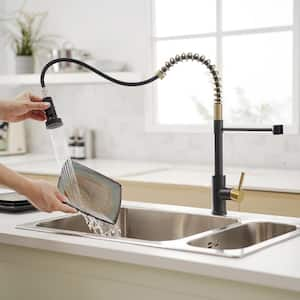 Stainless Steel Single Handle Pull Down Sprayer Kitchen Faucet with Water Supply Hoses in Matte Black with Brushed Gold