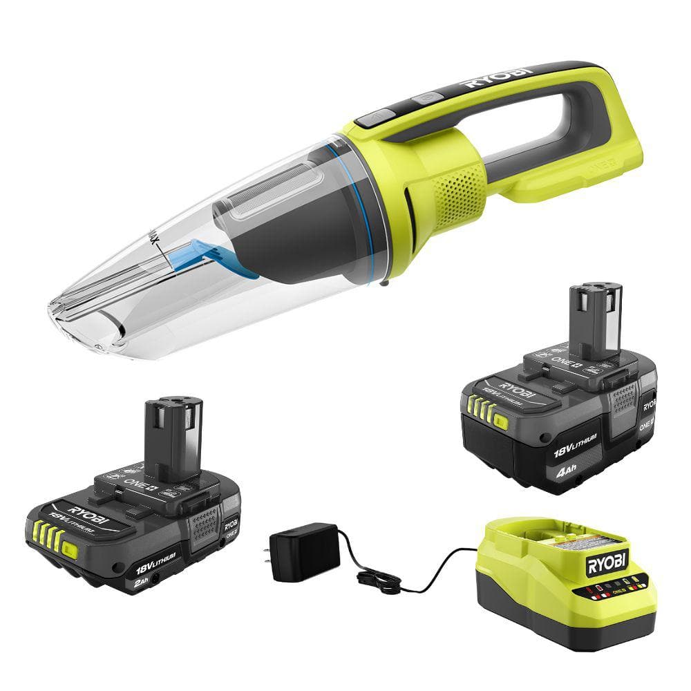 ONE+ 18V Lithium-Ion 4.0 Ah Battery, 2.0 Ah Battery, and Charger Kit with ONE+ Cordless Wet/Dry Hand Vacuum -  RYOBI, PCL702PSK106