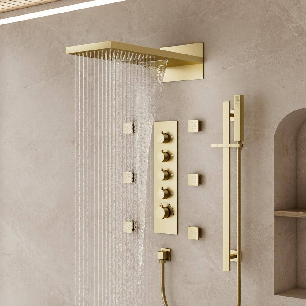 CRANACH 3-Spray 22 in. Rectangle Wall Mount Rainfall and Waterfall Shower System in Brushed Gold(Valve Included)