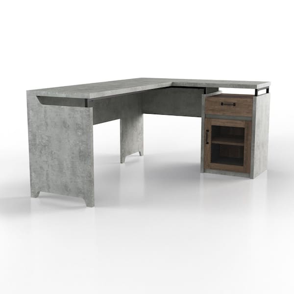 Darande 62.8 in. L-Shape Faux Cement Composite 1-Drawer Writing Desk with Storage