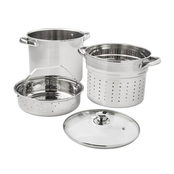 Stainless Steel 8 qt Multipot Set, Stock Pot, Colander, Steamer Basket & Glass Lid, Stay-Cool Handles, Tri-Ply Base