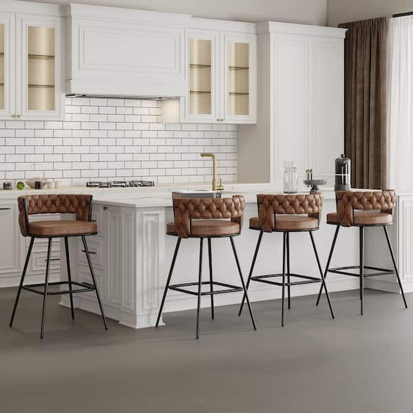 34.25 in. Braided Bar Stools Set Counter Height Kitchen Island Stools w/ Back Support, Brown Metal Bar Chairs (Set of 4)