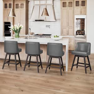 Hampton 26 in. Solid Wood Gray Swivel Bar Stools with Back Faux Leather Upholstered Counter Bar Stool Set of 4