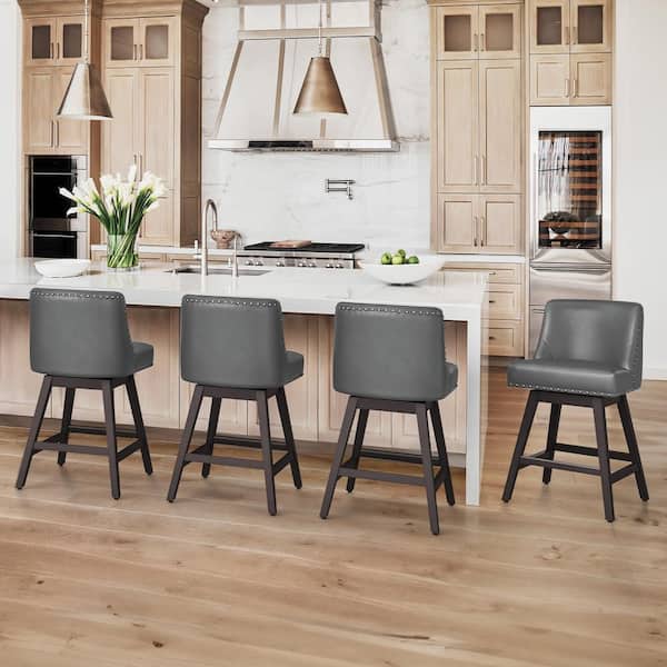 OrangeOne Hampton 26 in. Solid Wood Gray Swivel Bar Stools with Back Faux Leather Upholstered Counter Bar Stool Set of 4
