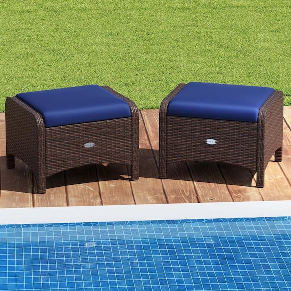 Costway Wicker Outdoor Ottoman with Footstools and Removable Navy Cushions (2-Pack)