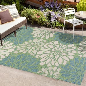 Zinnia Modern Floral Textured Weave Cream/Green 8 ft. x 10 ft. Indoor/Outdoor Area Rug
