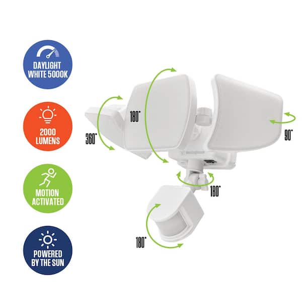2000 Lumens 3-Light White Integrated LED Solar Triple Head Security Light