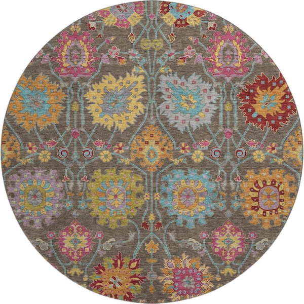 Mayfield Premium Machine Washable Abstract AMF2288 Chocolate 8 ft. x 8 ft. Round Rug